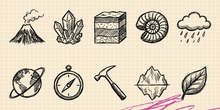 Black ink scribble doodle vector vintage hand drawn set of geology fossil dinosaur archaeology earth science and volcano