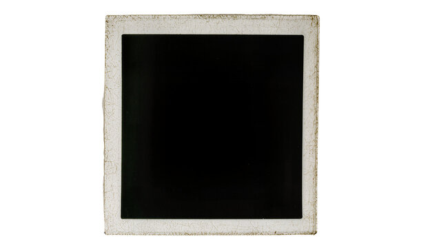 Old instant photo frame with blank black center, isolated on transparent background