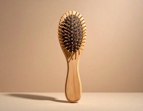 The refined wooden hairbrush with natural bristles stands isolated on a soft beige surface