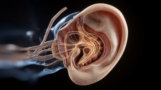 Labeled diagram of the human inner ear showing cochlea, semicircular canals, vestibular nerve, oval window, and eardrum with audiologist callout lines for hearing health education and medical device