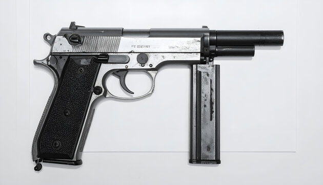 Black and White Image of a Vintage Semi-Automatic Pistol with Extended Magazine.