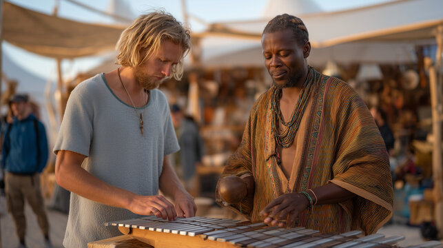 Vibrant colorful market stall where a traveling world music instrument builder demonstrates a handcrafted mbira to a curious music student, the workshop setting filling with sound as onlookers gathe