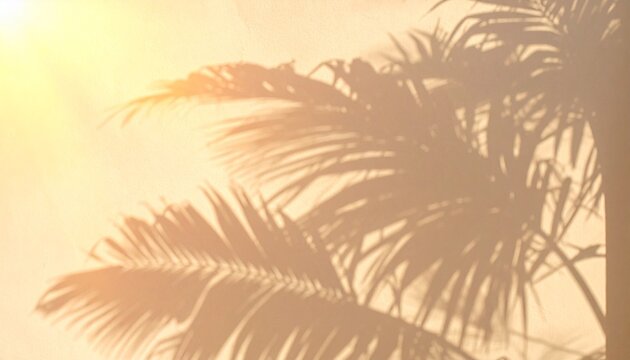 golden sunset palm leaf shadows on warm beige wall minimal summer vibe