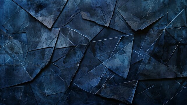 Dark blue stone tiles texture with abstract geometric fractures and grunge cement scratches