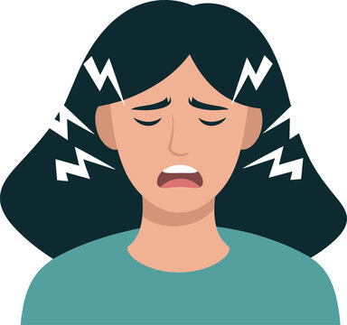 Stressed Woman Character Illustration Feeling Painful Headache Migraine Or Mental Health Anxiety With Lightning Bolts Around Her Head