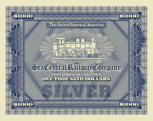 Vintage railway preferred silver share Guilloche locomotive stock 1000 dollars © GAlexS