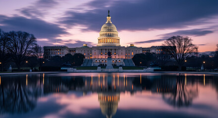 Obraz premium The United States Capitol Building illuminated at dusk, reflected in the calm waters of its reflecting pool.
