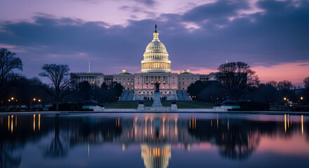 Fototapeta premium The United States Capitol Building illuminated at dusk with its reflection shimmering in the calm water of a nearby pond.