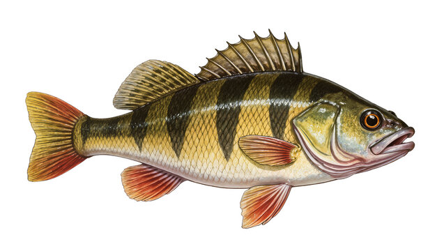 Detailed yellow perch fish with dark vertical stripes, isolated on transparent background