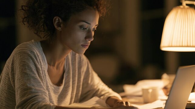 Young woman sitting at a desk with a laptop in front of her. she is wearing a white sweater and has curly hair. the desk is cluttered with papers, a cup of coffee, and a lamp with a white shade.