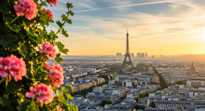 A beautiful panoramic view of Paris with the Eiffel Tower in the distance, bathed in the warm glow of sunset, with pink flowers in the foreground.