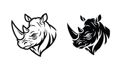 Detailed rhinoceros head mascot logo in outline and solid black version for sports team branding or wildlife design © Asian