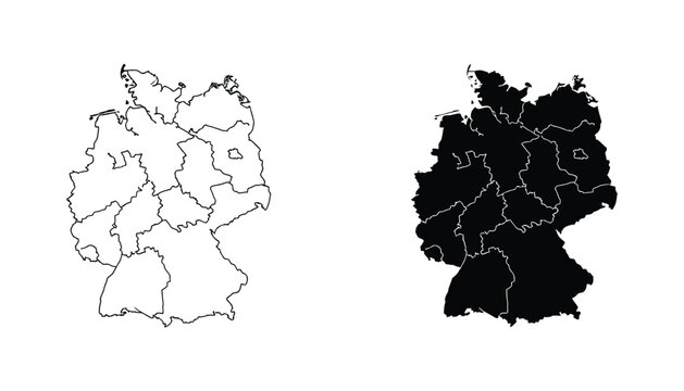 Germany map with state borders silhouette in outline and solid black style vector illustration on white background