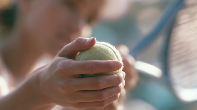Close-up of a person's hands holding a tennis ball. the person is holding the ball in their right hand and their left hand is gently cradling it.