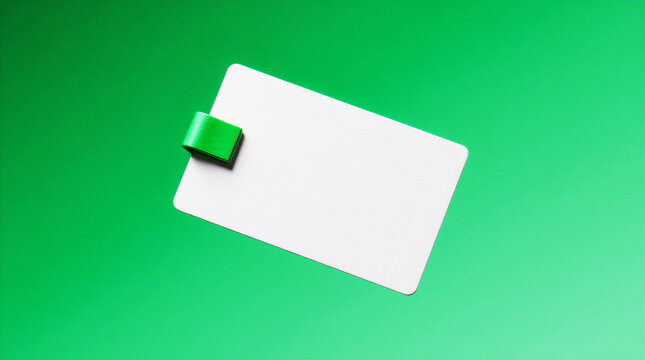Creative floating white business card with green binder clip on vibrant green background. Modern branding mockup template for identity design, presentation, and corporate stationery.