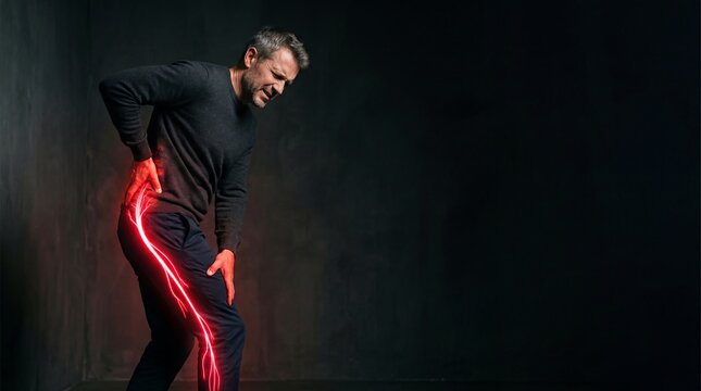 Man suffering from sciatica nerve pain. Concept of hip and leg injury with glowing red inflammation. Medical illustration of back problem, muscle spasm and chronic health symptom.