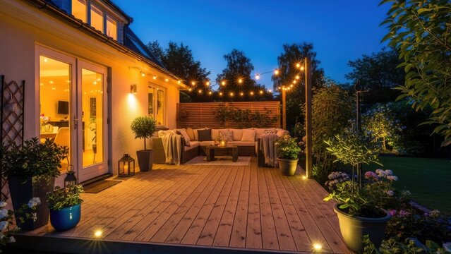 Modern wooden deck with outdoor seating and string lights at dusk