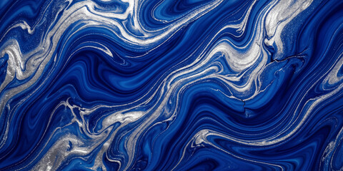 Obraz premium A 3D fluid art wallpaper featuring a blue abstract background with flowing liquid waves and a metallic silver swirl design