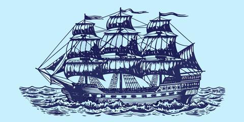 historic sailing ship illustration on blue background © Usa