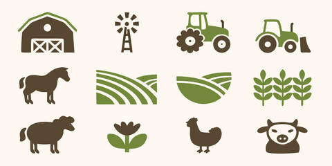 farm icons set with barn tractor horse cow and plants © Usa