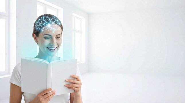 Woman reading book with magical glowing brain light effect. Future of learning and imagination. Creative school education and digital intellect concept. Human innovation and knowledge.