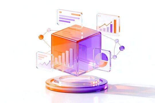 3D Glass Data Cube with Financial Visualization Elements