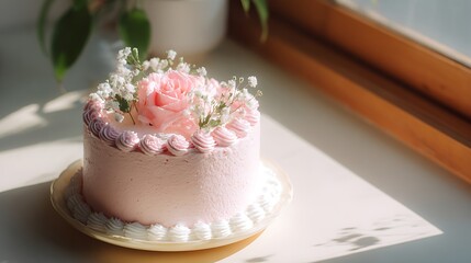 Naklejka premium Elegant Korean-style cake with pink blush frosting, white base, gentle sunlight, minimal romantic poster style