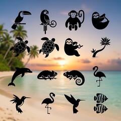 Fototapeta premium Tropical beach with animal silhouettes.