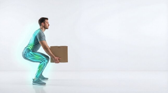 Man lifting heavy cardboard box with correct posture showing digital skeleton visualization. Back safety and ergonomics concept. Preventing injury during manual weight lifting at work.