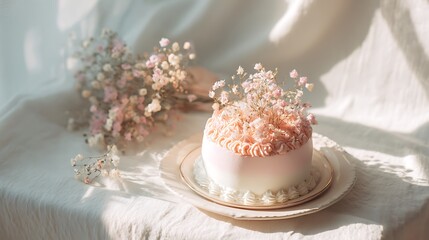 Naklejka premium Minimal Korean cake, pink blush frosting, white rim, bright daylight, cozy romantic poster style