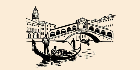 venice canal scene black ink sketch showing gondolas and bridge © Usa