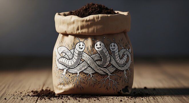 Cartoon bag of soil with smiling worms on wooden surface