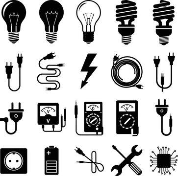 Collection of electrical equipment and symbols icons.