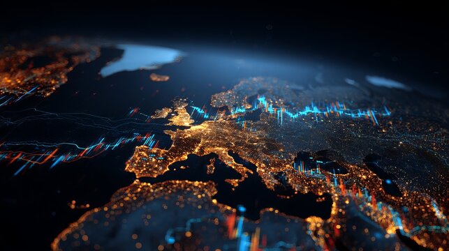 Illuminated map of europe featuring dynamic glowing financial charts representing economic growth and digital market trends