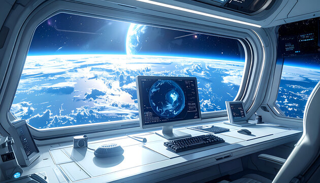 View from Spaceship Cockpit Overlooking Earth and Moon.