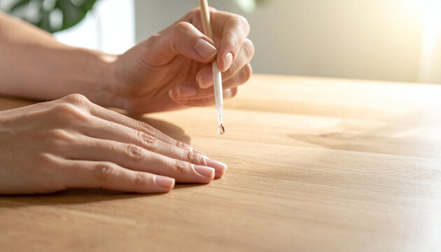 Closeup of womans hands applying nourishing essential oil to cuticles with a dropper. A serene beauty ritual on a wooden table in soft sunlight. Ideal for wellness, spa, and skincare content.