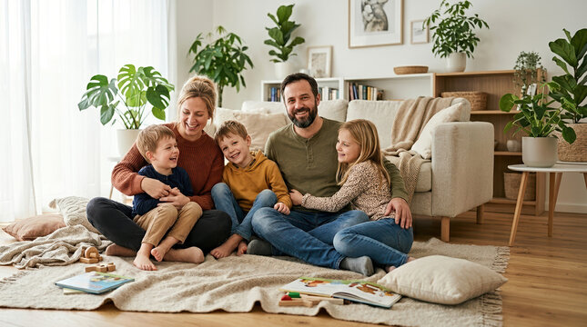 Happy family of five sitting on the floor in a modern living room. Smiling parents with three children bonding at home. Caucasian mother and father with kids laughing together