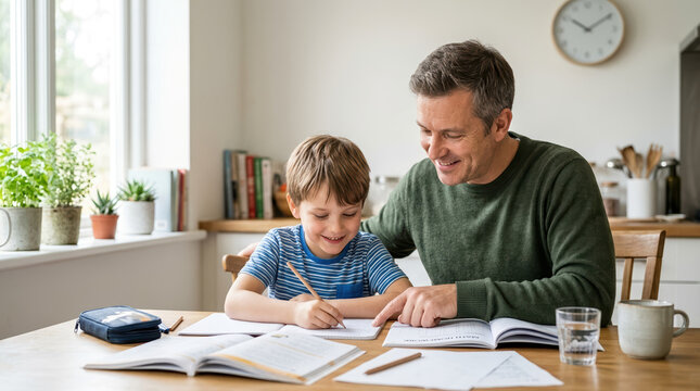 Father helping son with homework at home. Happy man and young boy studying together at kitchen table. Education and family bonding concept
