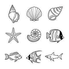 Obraz premium Hand-Drawn Ocean Life Icons: Seashells, Starfish, and Tropical Fish Collection