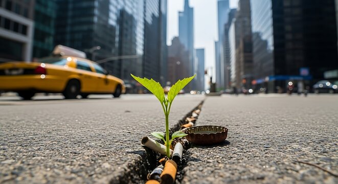 Small Green Seedling Growing Through Cracked Urban Street in Busy City