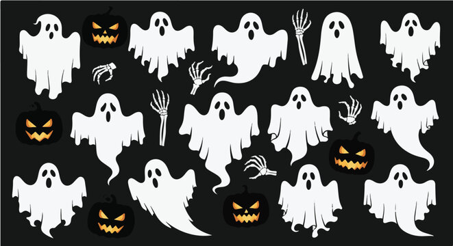 A playful collection of white cartoon ghosts, glowing jack-o'-lantern pumpkins, and skeletal hands isolated on a dark background.