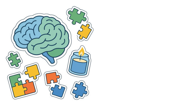 Brain, puzzle pieces, and lit candle. Mental health awareness, hope and support.