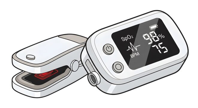 digital pulse oximeter showing high oxygen saturation and heart rate on white background medical health check illustration
