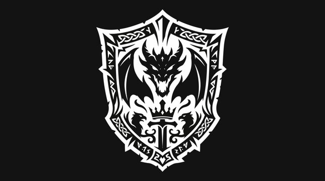 Fantasy dragon crest shield with sword and crown vector