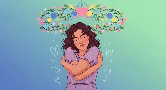 young woman embracing self love and mental wellness with floral headpiece in pastel gradient background