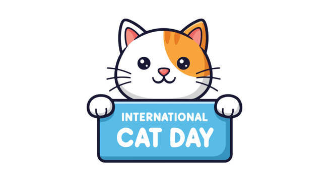 Illustration of a white and orange cat holding a blue sign celebrating International Cat Day on a clean white background with flat design.
