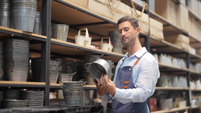 Caucasian male worker in denim apron using barcode scanner on metal bucket in small business warehouse, Retail stock management, e-commerce fulfillment, home decor logistics and supply chain concept