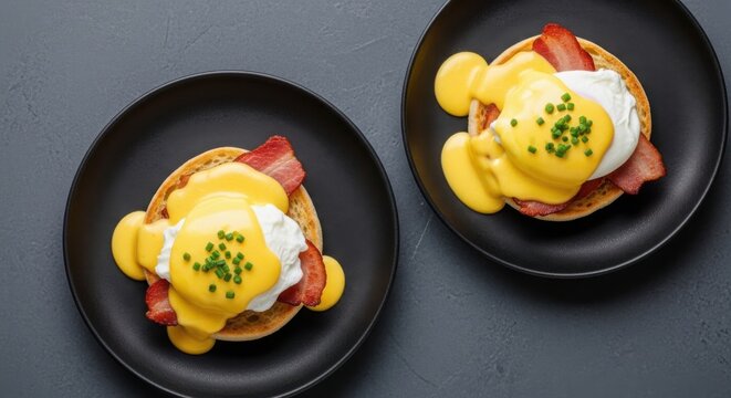 Two plates of eggs benedict with bacon and hollandaise sauce
