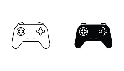 Modern gaming controller gamepad icon set in black outline and solid silhouette for video game industry and digital entertainment branding © David