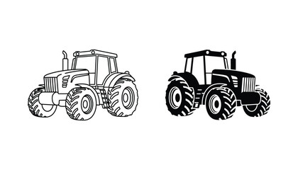 Detailed farm tractor icon set in black outline and solid silhouette for agricultural industry and farming equipment retail branding © David